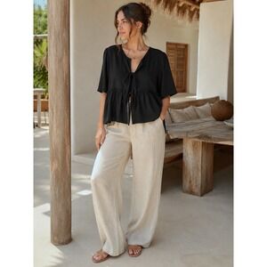 Velvet Heart Black Linen Blend Tie Front Peplum Top XL Boho Lagenlook Resortwear
